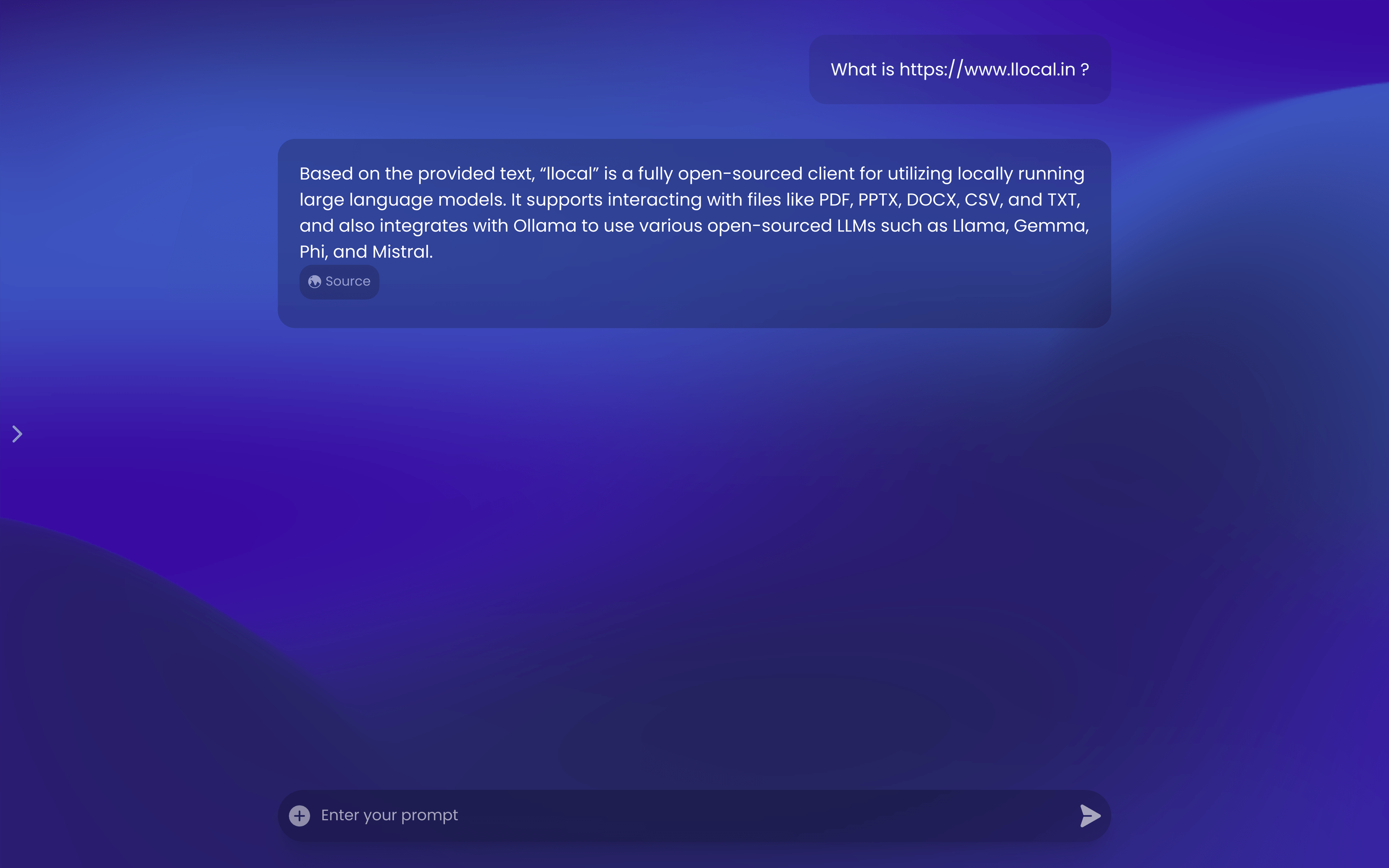 a screenshot of the llocal software with it's deepblue background